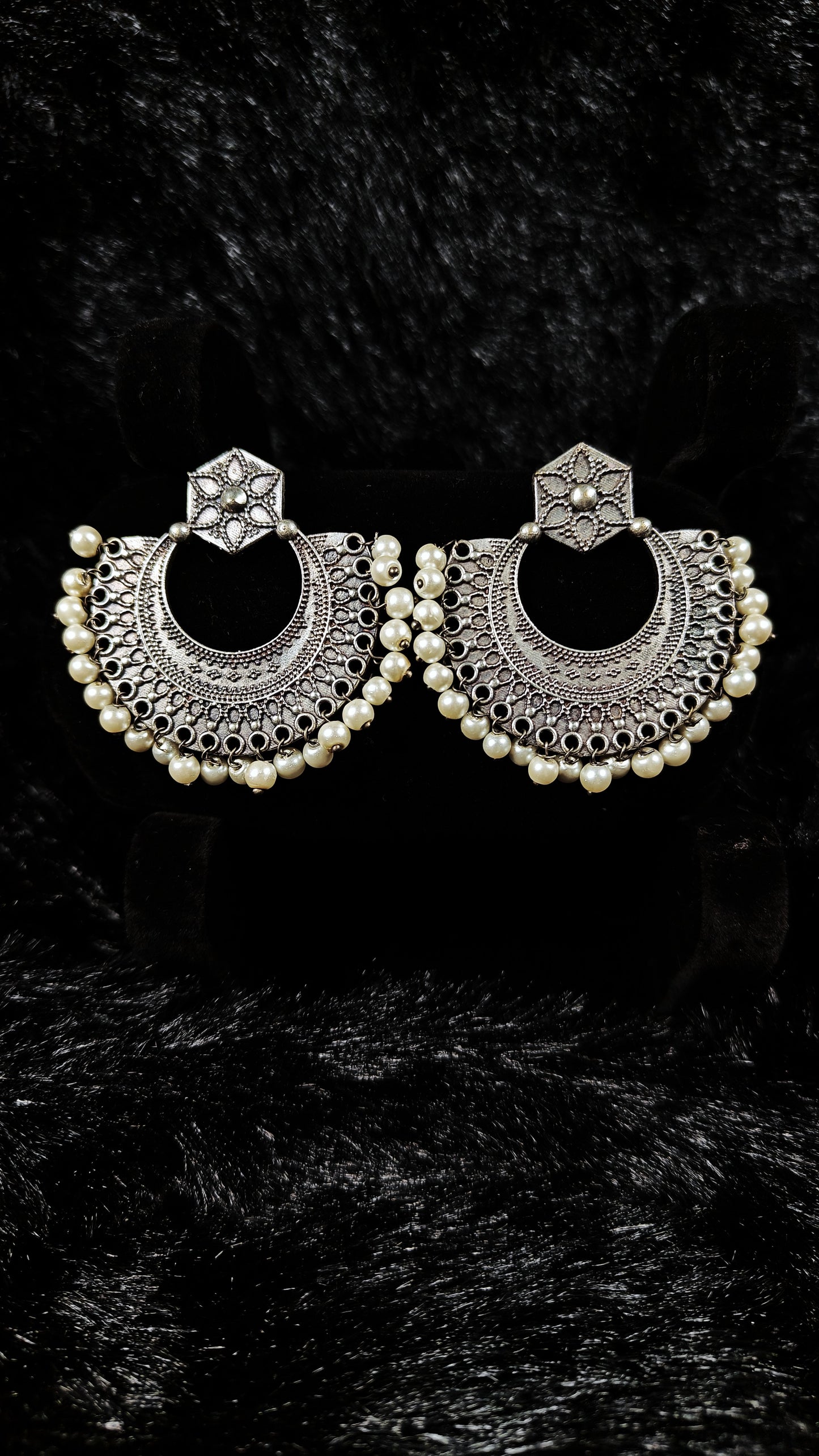 Vintage Oxidised Crescent Chandbali Earrings with Pearl Drops