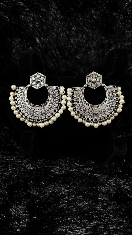 Vintage Oxidised Crescent Chandbali Earrings with Pearl Drops