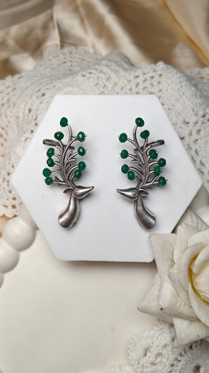 Silver Peacock Earrings With Green Bead Detailings