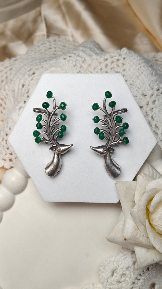 Silver Peacock Earrings With Green Bead Detailings
