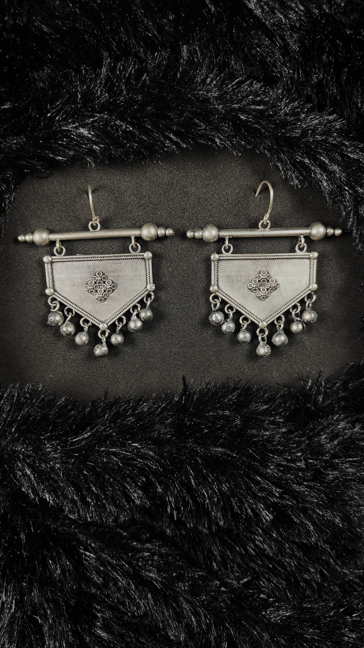 Tribal Oxidised Shield Dangler Earrings with Ghungroo Charms