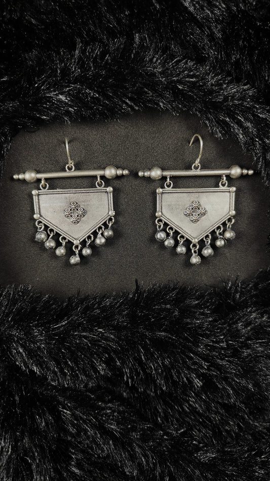 Tribal Oxidised Shield Dangler Earrings with Ghungroo Charms