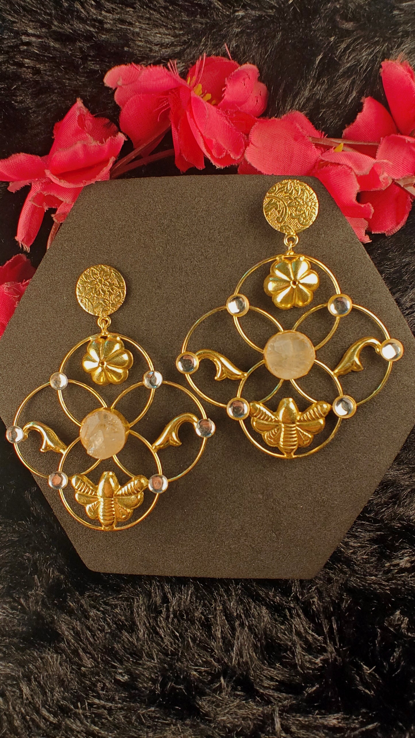 Golden Bloom Bee Quartz Statement Earrings