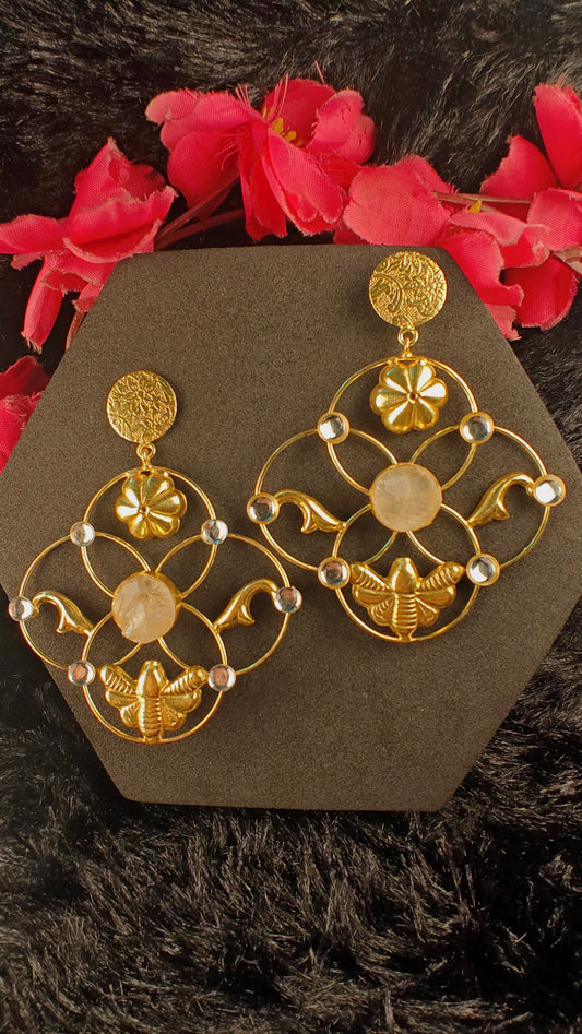Golden Bloom Bee Quartz Statement Earrings