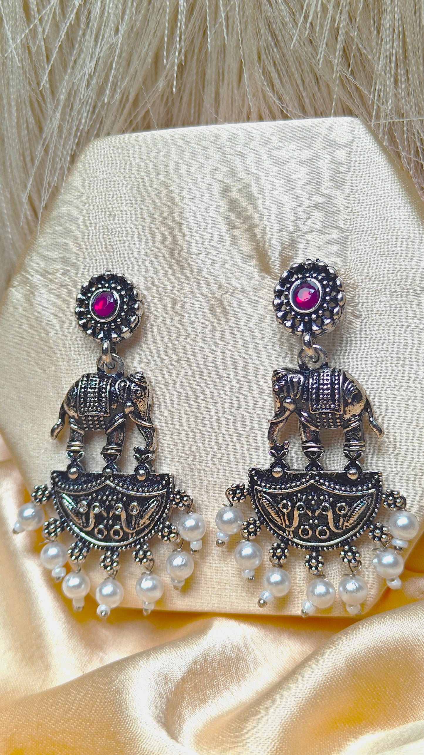 Royal Haathi Oxidised Pearl Dangler Earrings