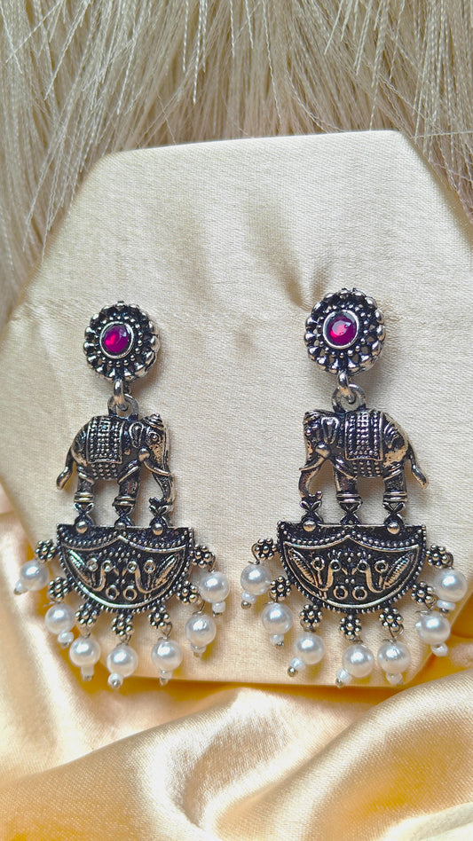 Royal Haathi Oxidised Pearl Dangler Earrings