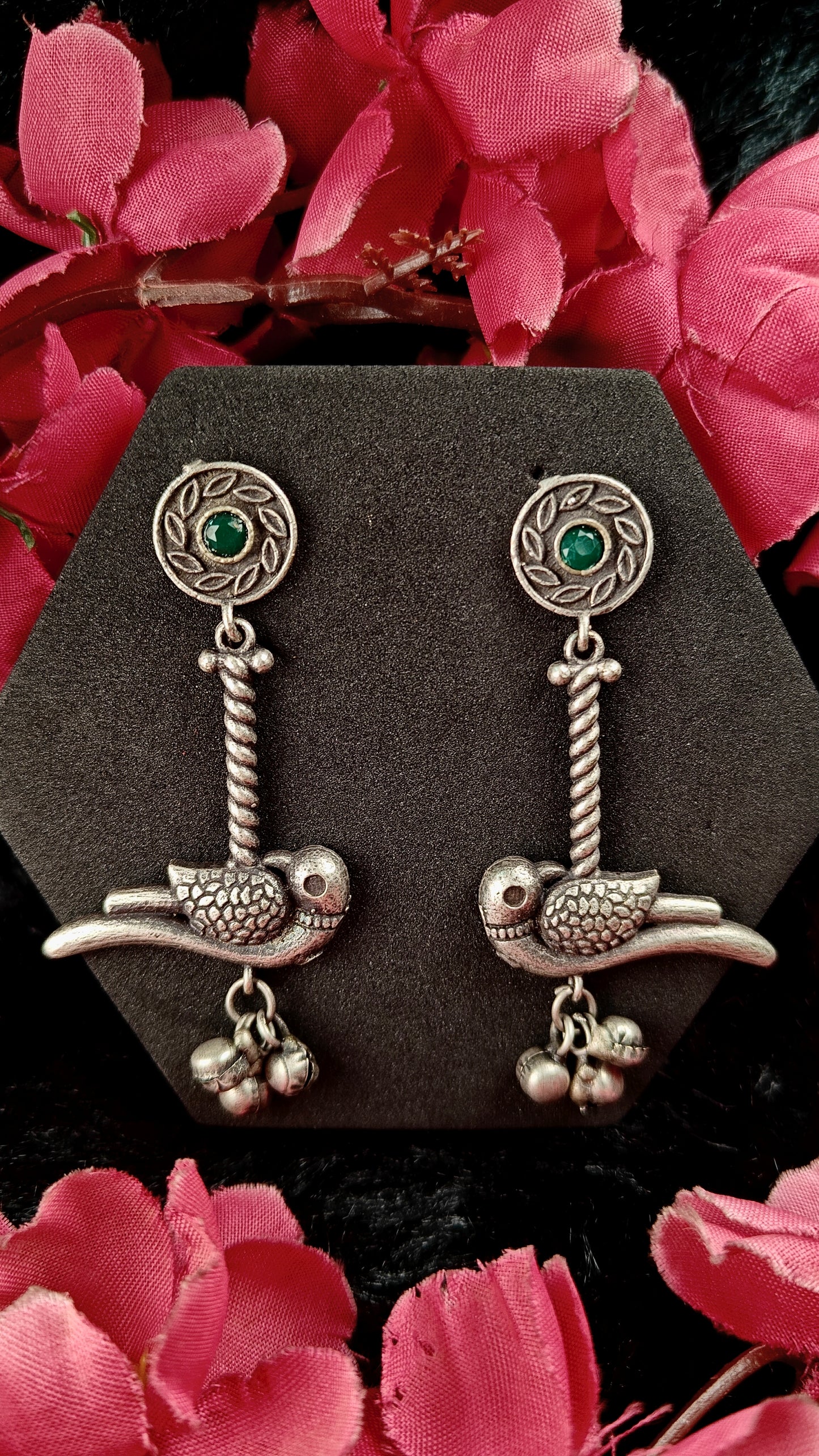 Oxidized Tribal Bird Earrings with Green Stone