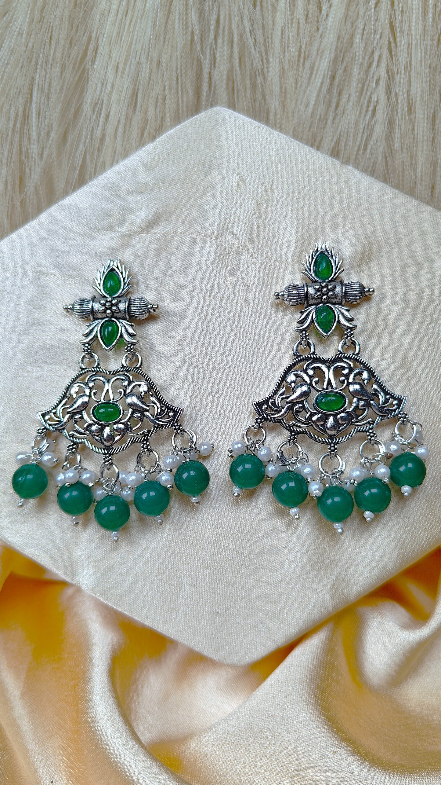 Emerald Leaf Oxidised Peacock Dangler Earrings
