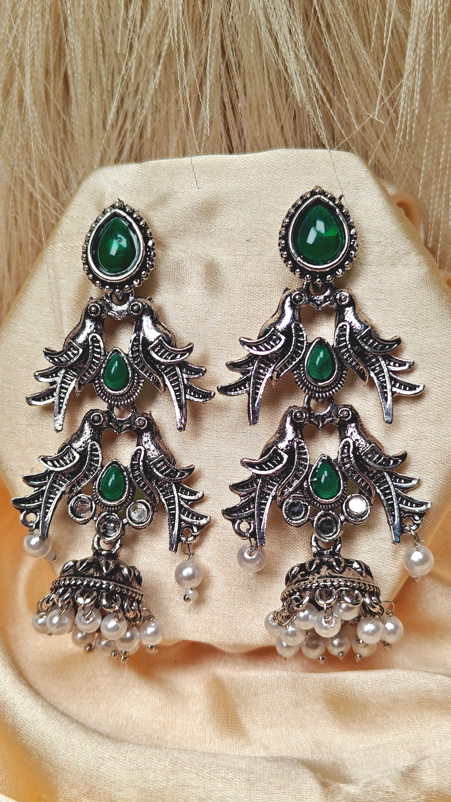 Emerald Sparrow Cascade Oxidised Jhumka Earrings