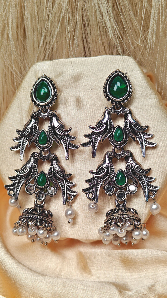 Emerald Sparrow Cascade Oxidised Jhumka Earrings