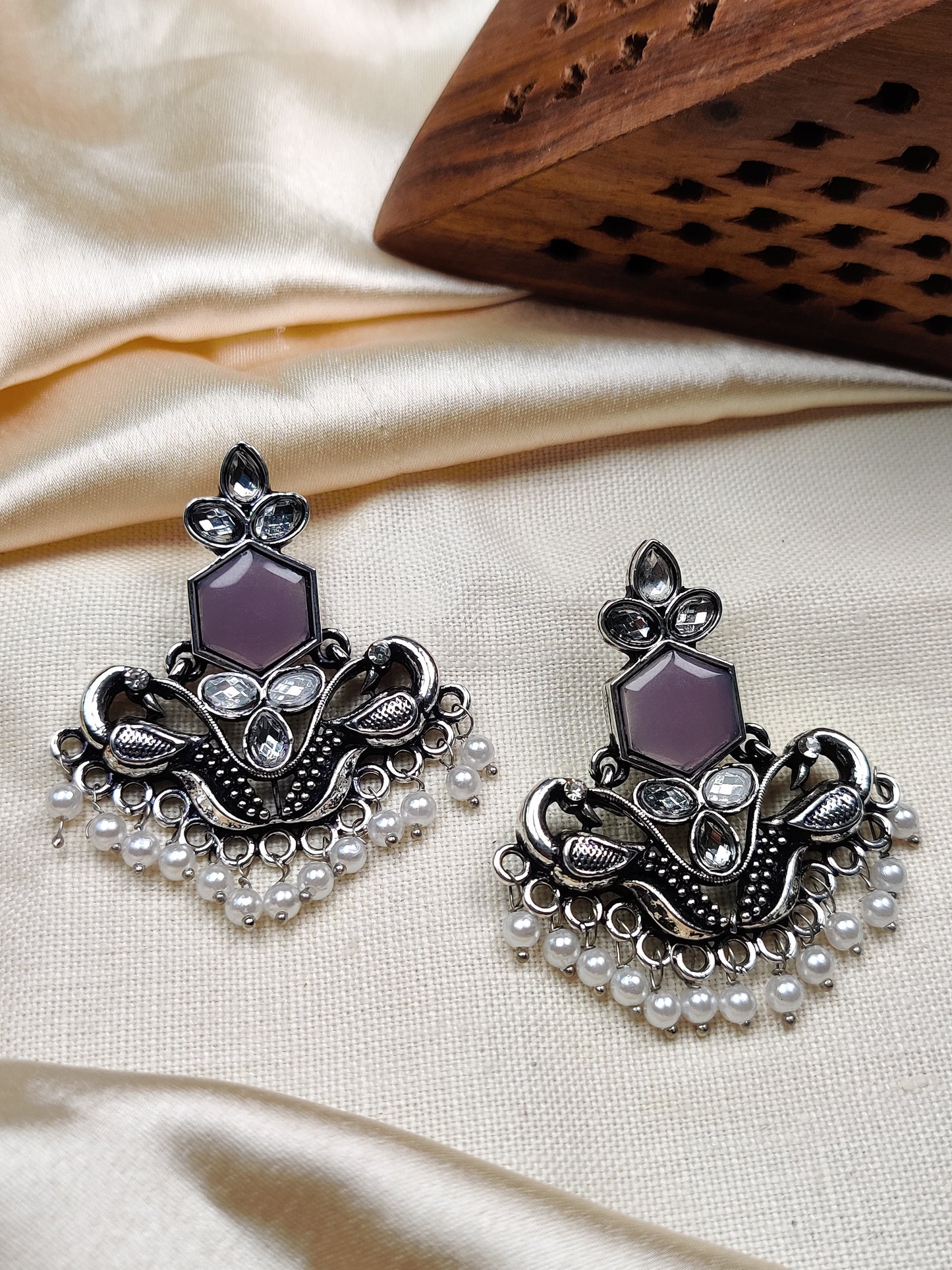 Silver peacock earrings with purple stone & pearl beads