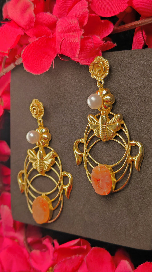 Bee Motif Earrings With Pearl & Orange Quartz Stones