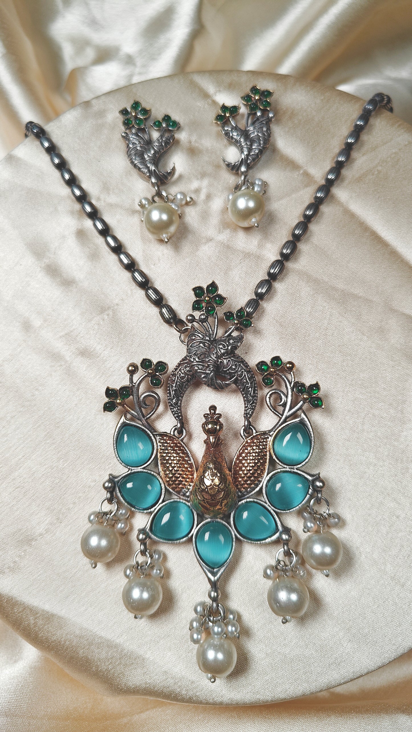Aqua Feather Twin Peacock Pendant Set