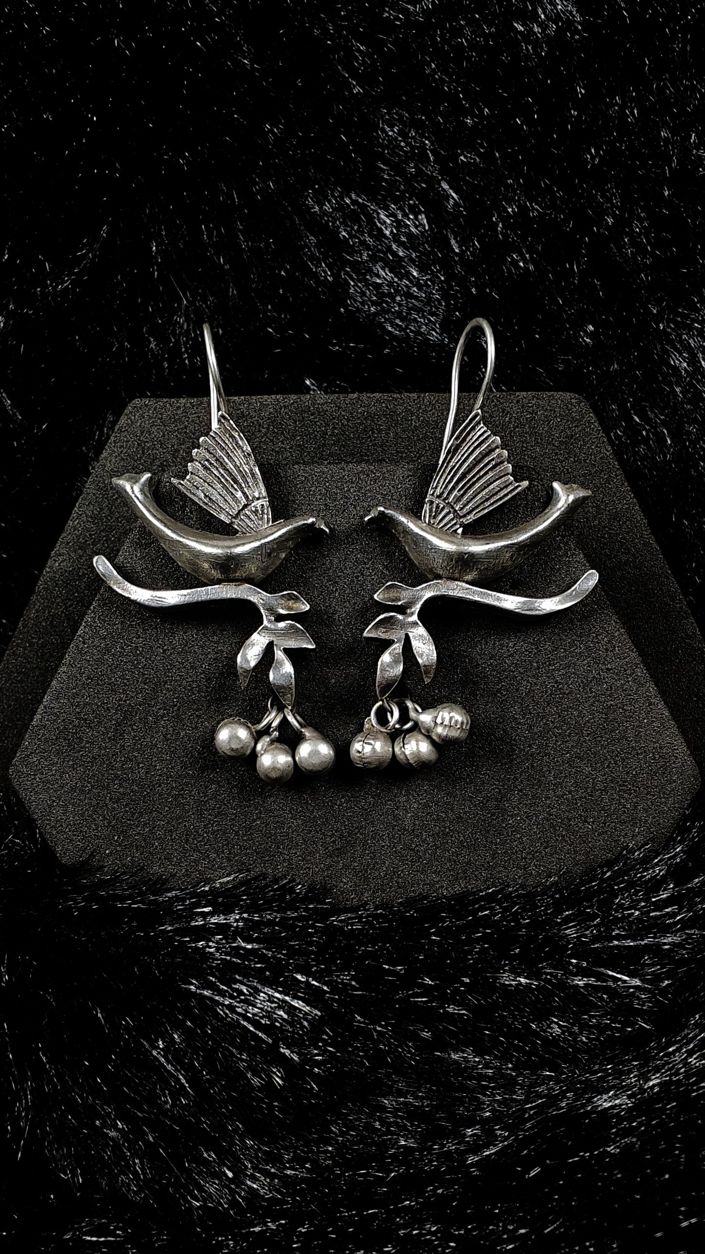 Antique Silver BIird Design Dangle Earrings With Ghungroo