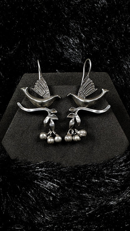 Antique Silver BIird Design Dangle Earrings With Ghungroo