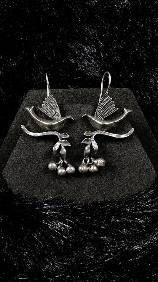 Antique Silver BIird Design Dangle Earrings With Ghungroo