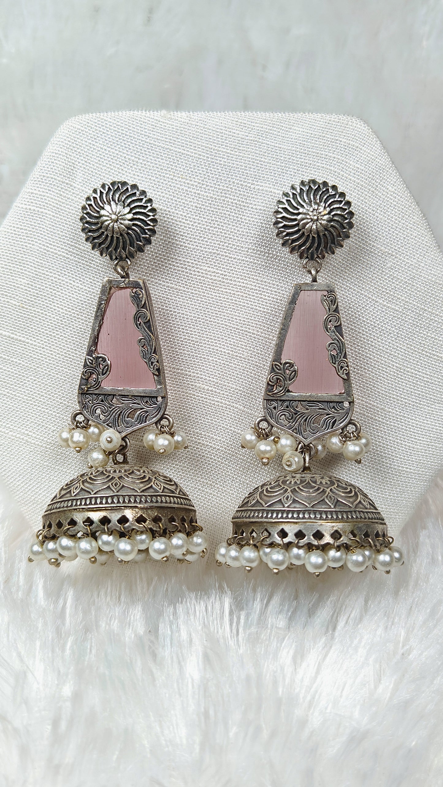 Oxidised pink mirrior cone jhumka earrings