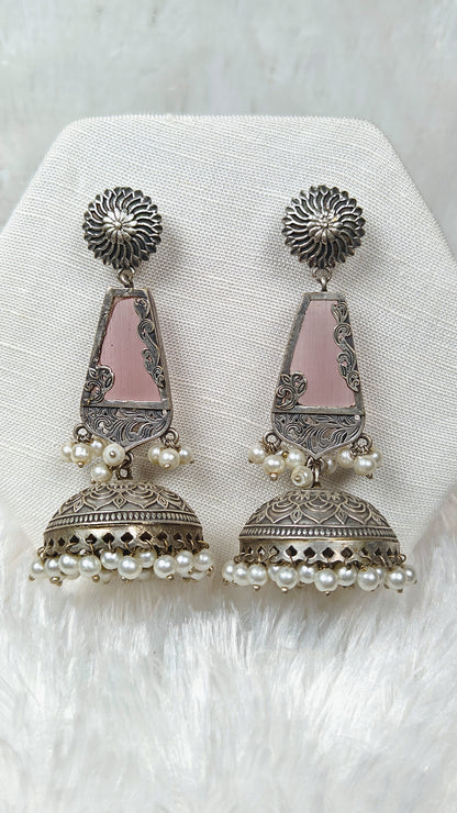 Oxidised pink mirrior cone jhumka earrings