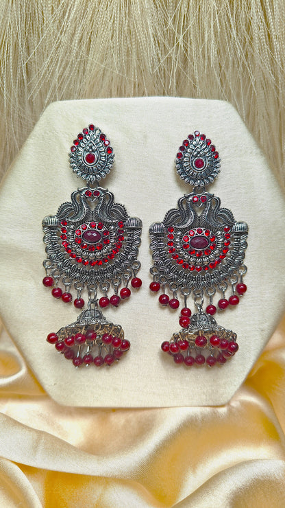 Ruby Maharani Oxidised Maroon Stone Chandbali Jhumka Earrings