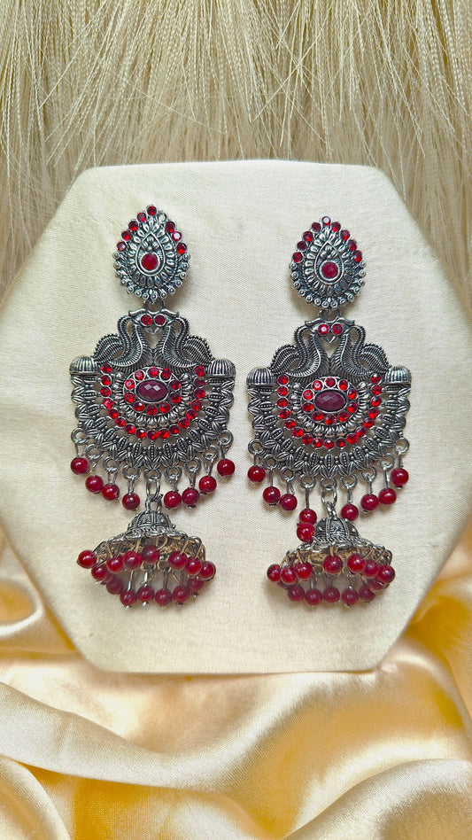 Ruby Maharani Oxidised Maroon Stone Chandbali Jhumka Earrings