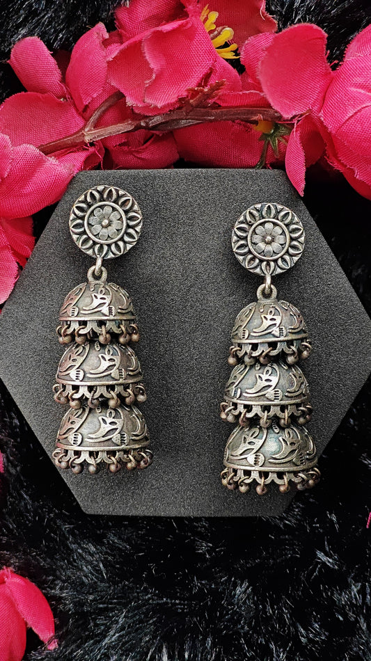 Triple Layer Silver Jhumka Earrings