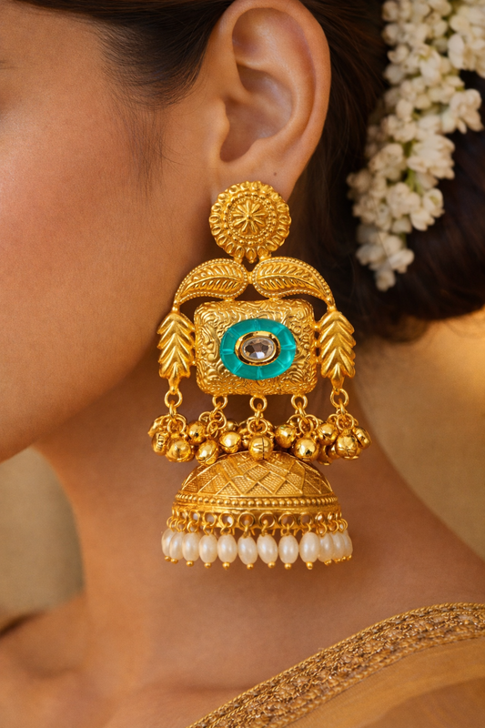 Zeenat-e-Kashmir Green Stone Jhumka Earrings