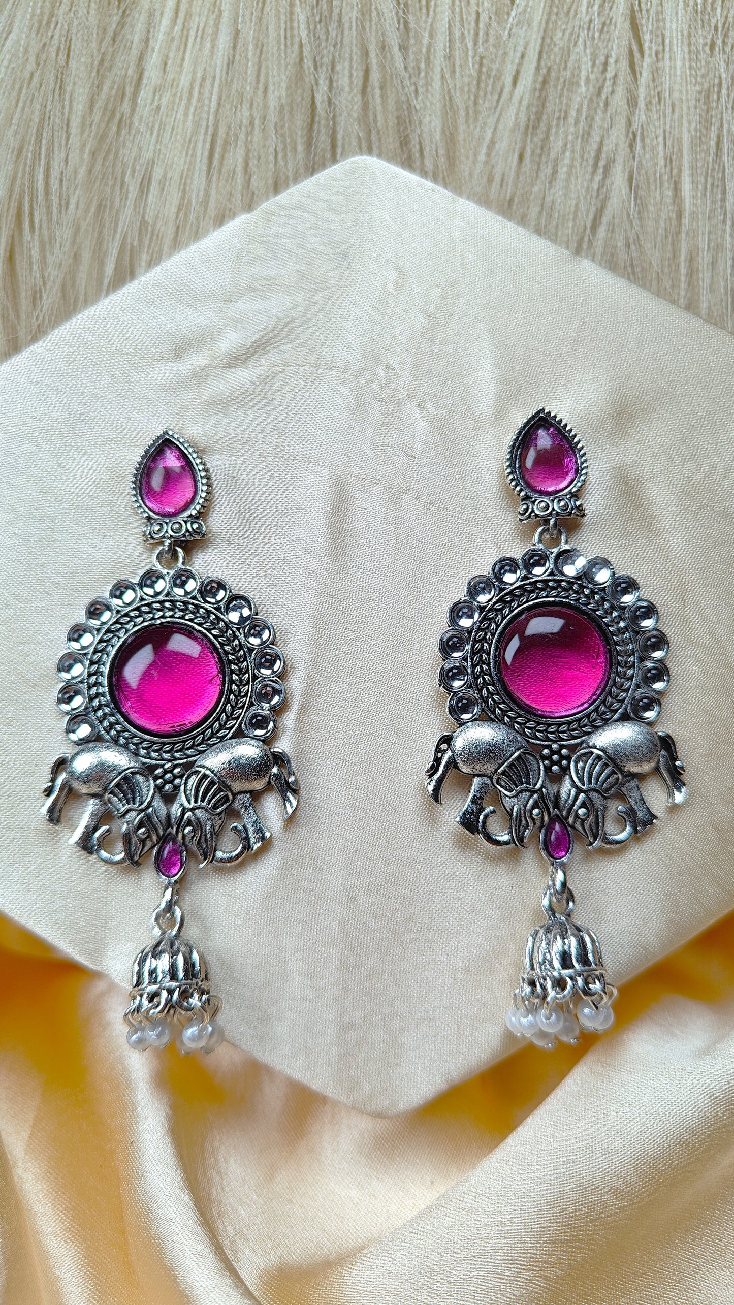 Royal Blush Elephant Oxidised Mirror Earrings