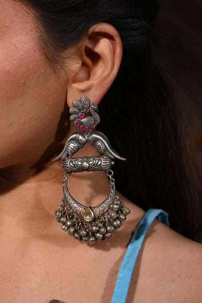 Twin-Bird Antique Oxidised Jhumka Dangler Earrings