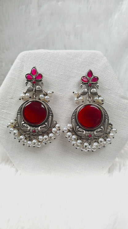 Oxidized Silver Ruby Stone Chandbali Earrings with Pearl Beads
