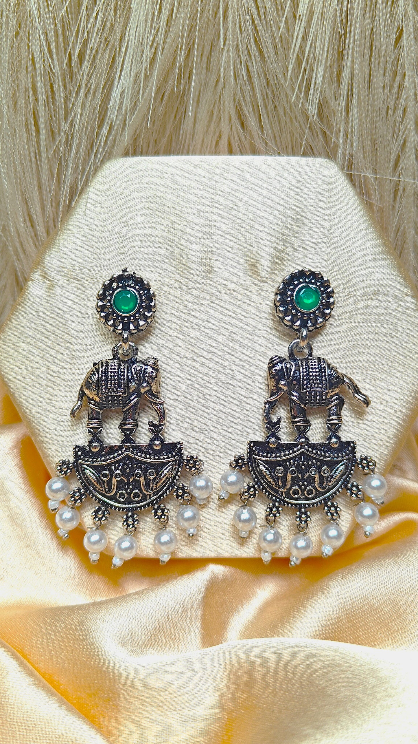 Regal Haathi Oxidised Pearl Dangler Earrings