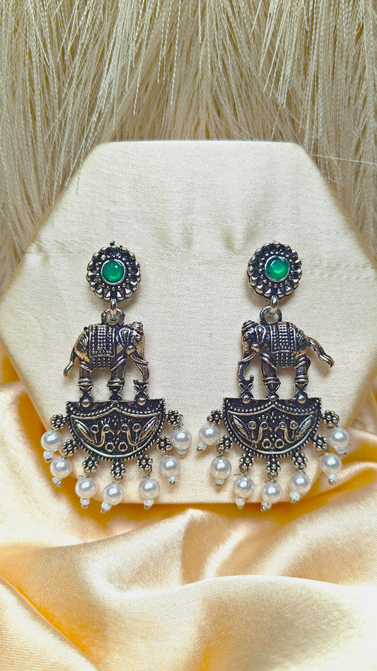 Regal Haathi Oxidised Pearl Dangler Earrings