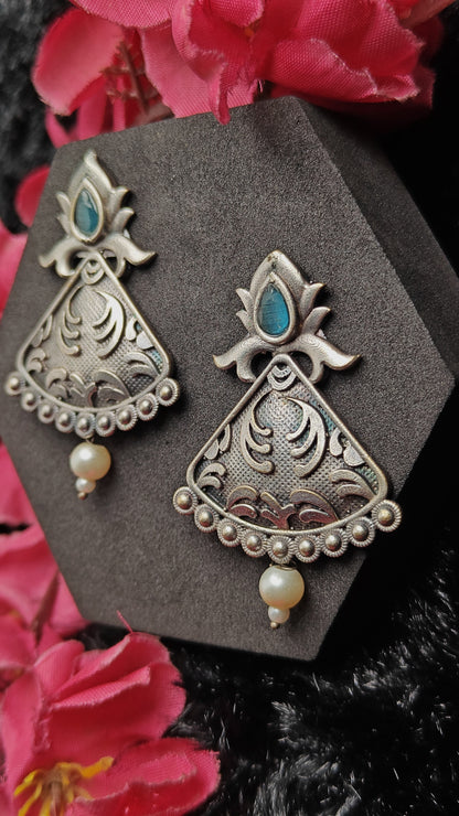 Oxidized silver blue stone filigree drop earrings