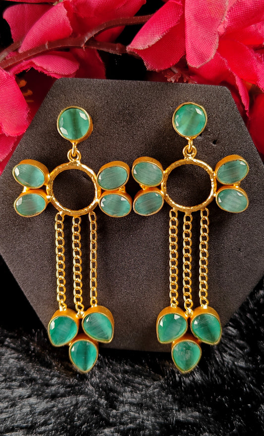 Green Petal Long Drop Earrings