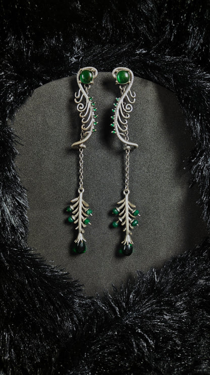 Emerald dewdrop green earrings - silver long drop floral earrings