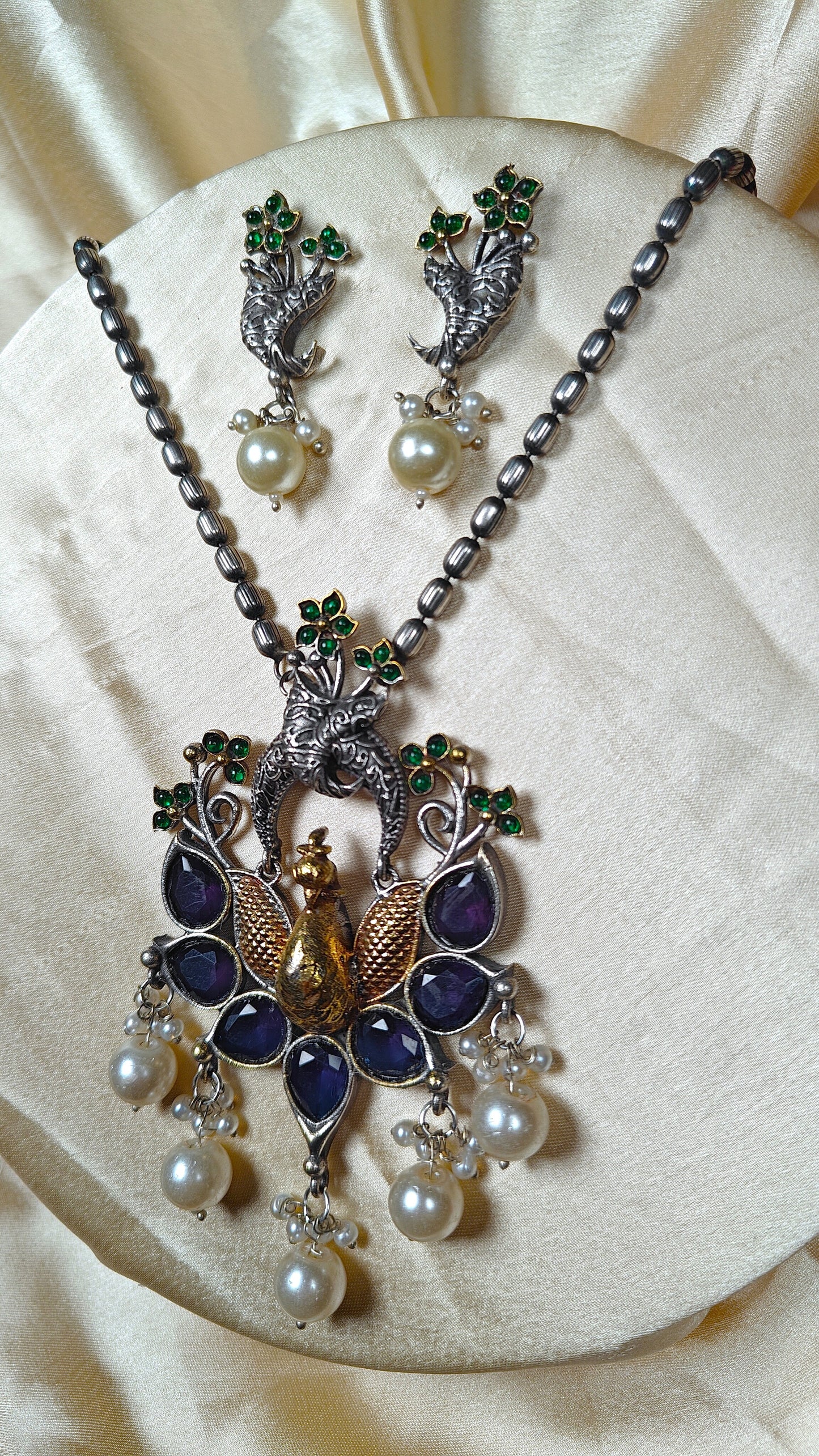 Twin Peacock Majestic Crystal Pendant Set
