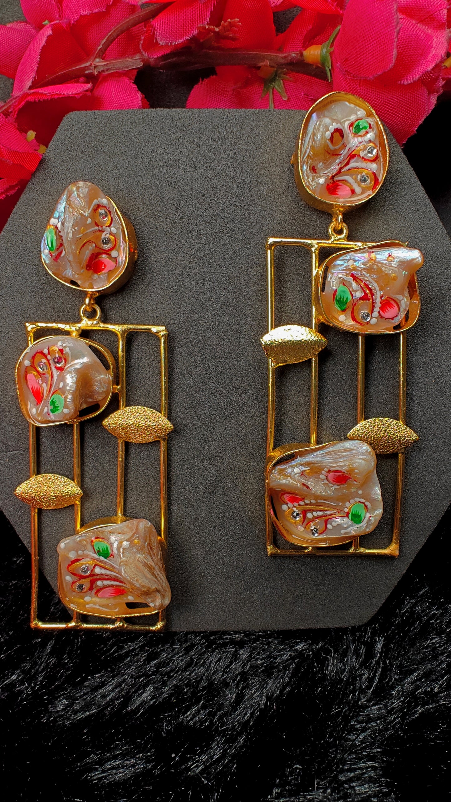 Art Shell Gold Frame Long Drop Earrings