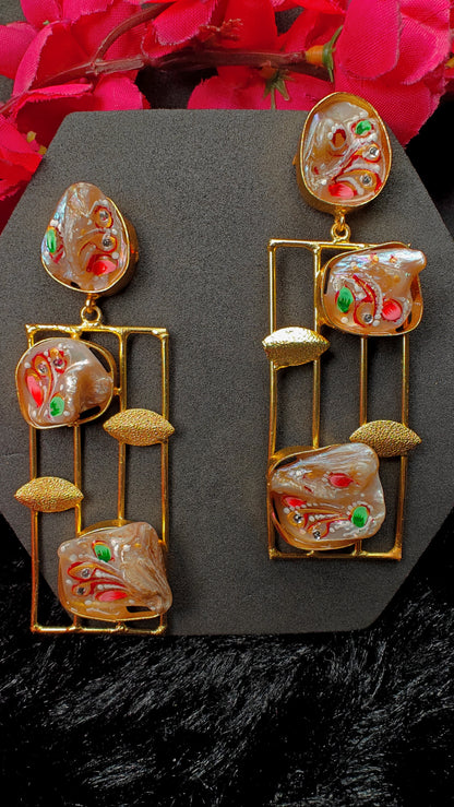 Art Shell Gold Frame Long Drop Earrings