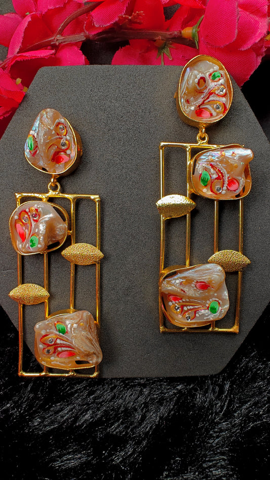 Art Shell Gold Frame Long Drop Earrings