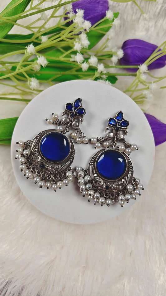 Royal Blue Oxidized Silver Jhumka Earrings With Pearls