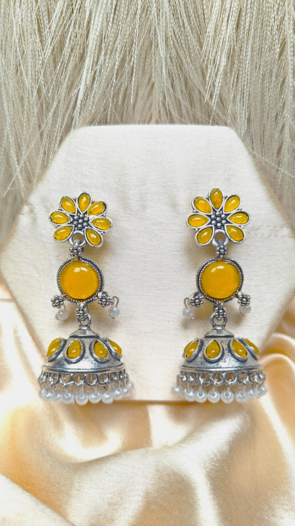 Sunshine Blossom Oxidised Yellow Jhumka Earrings