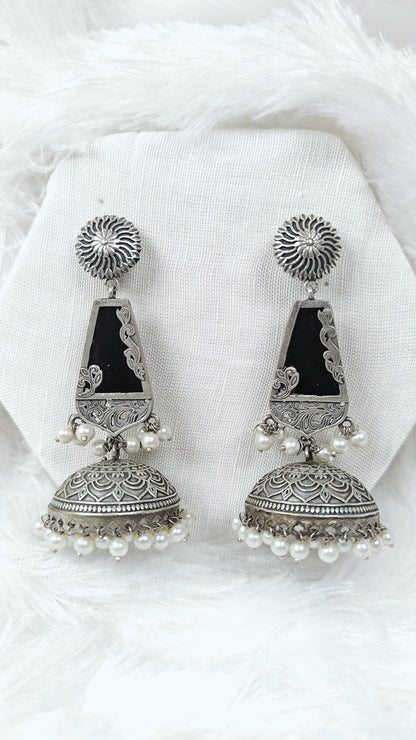Oxidised black mirrior cone jhumka earrings