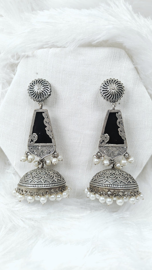 Oxidised black mirrior cone jhumka earrings