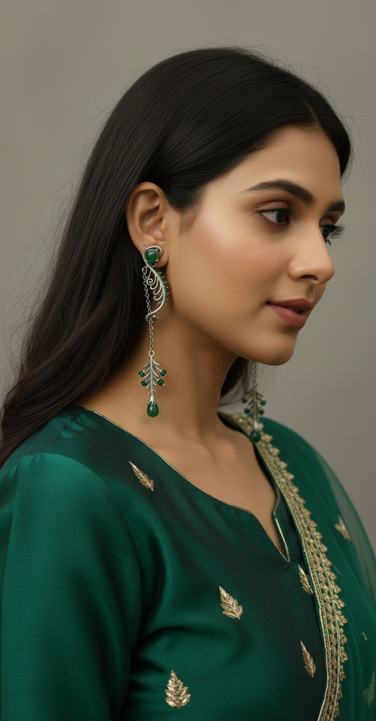 Emerald dewdrop green earrings - silver long drop floral earrings
