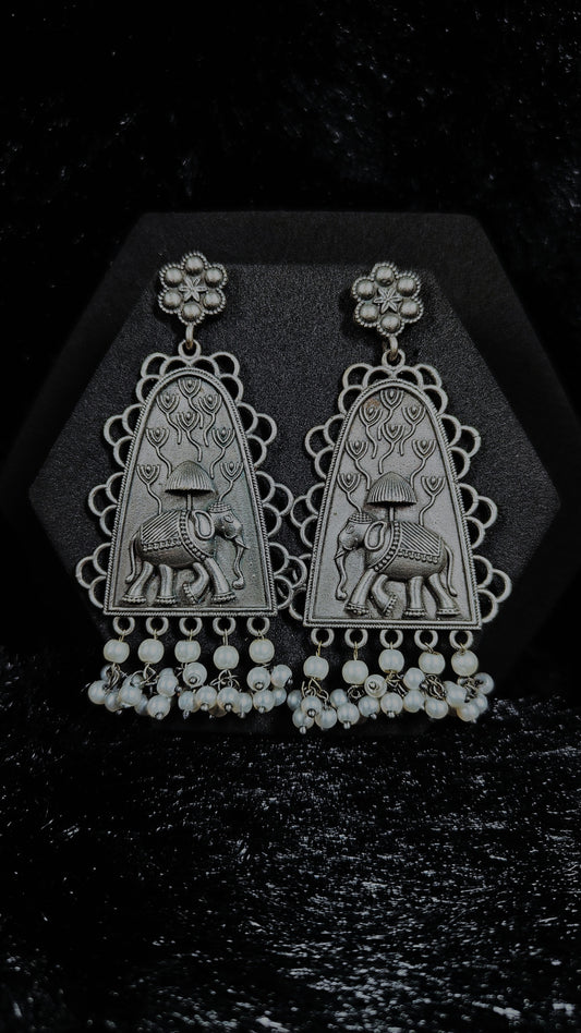 Antique Silver Oxidized Elephant Earrings with Pearl Drops