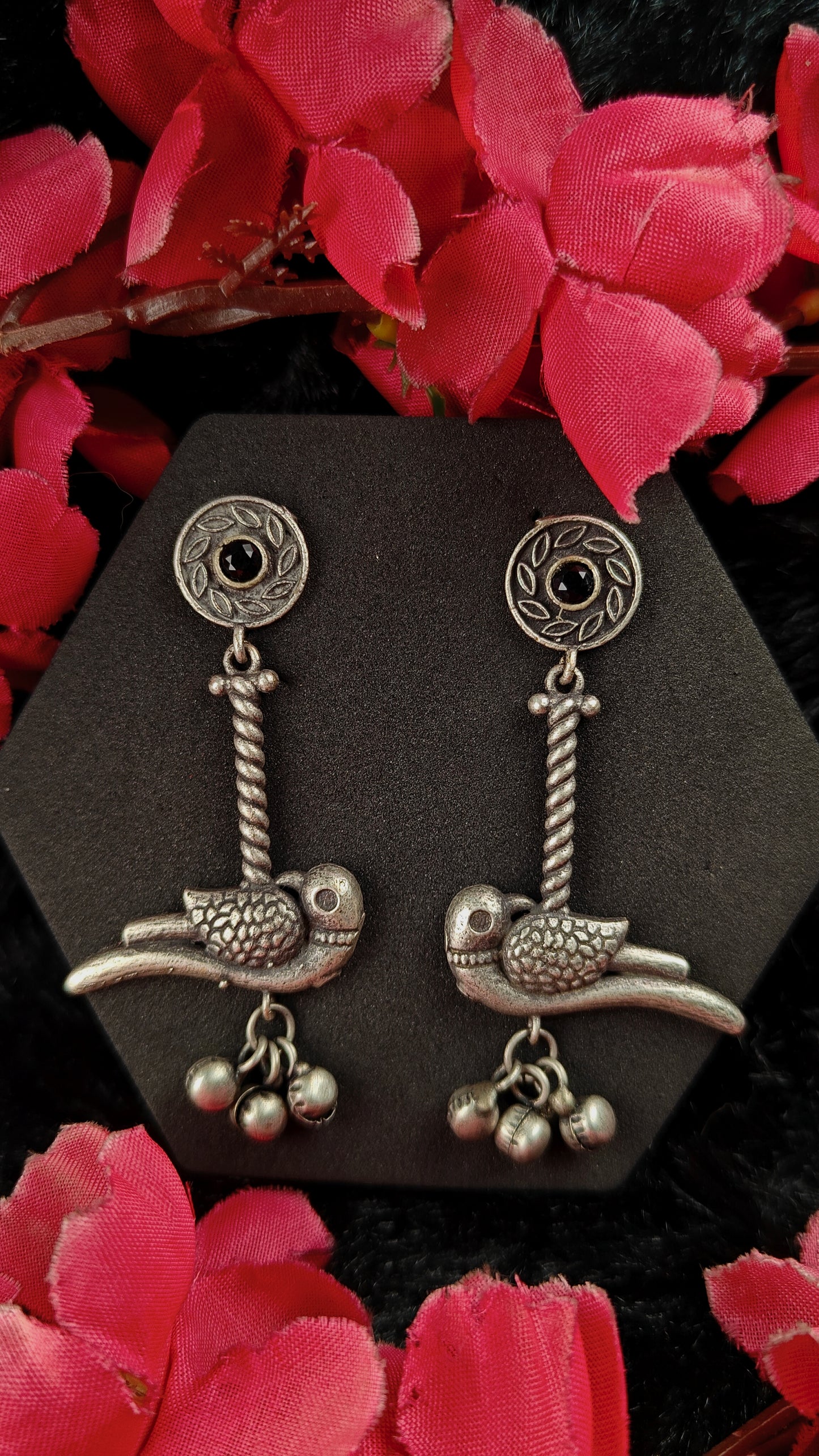 Oxidized Tribal Bird Earrings with Black Stone