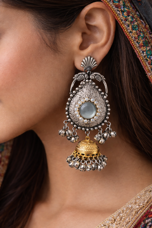 Vintage Oxidized Dual-Tone Pearl Dome Earrings