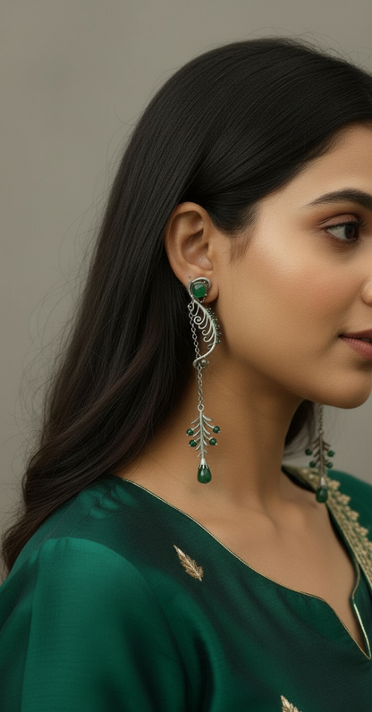 Emerald dewdrop green earrings - silver long drop floral earrings