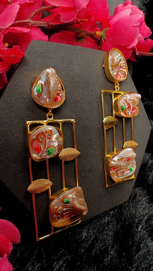 Art Shell Gold Frame Long Drop Earrings