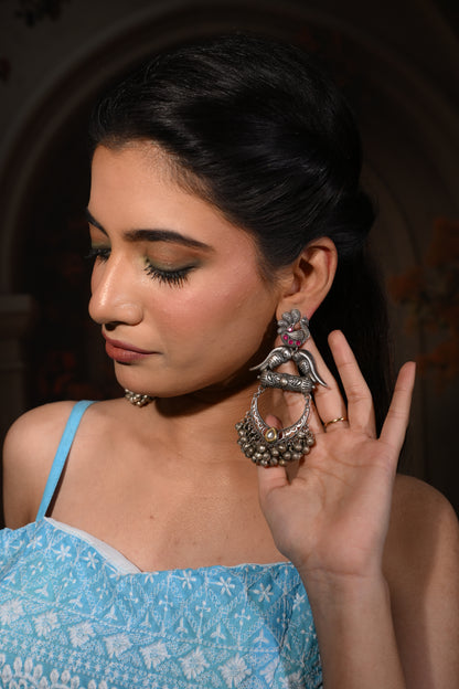 Twin-Bird Antique Oxidised Jhumka Dangler Earrings