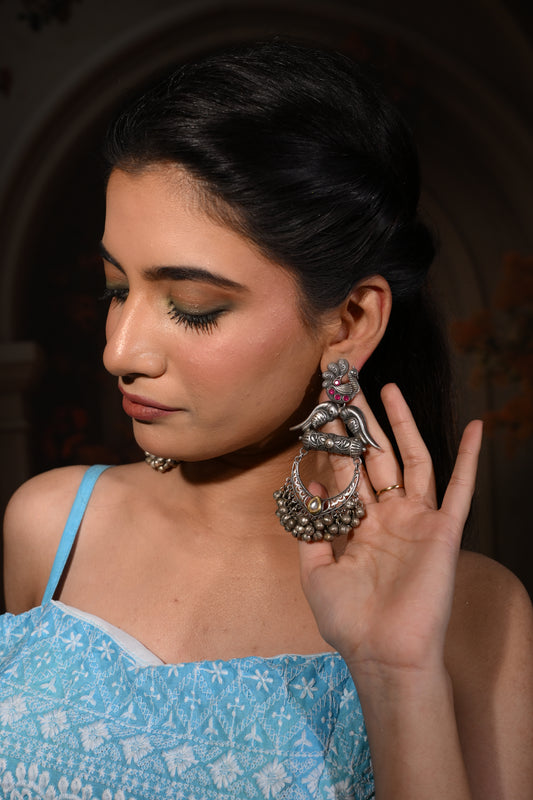 Twin-Bird Antique Oxidised Jhumka Dangler Earrings